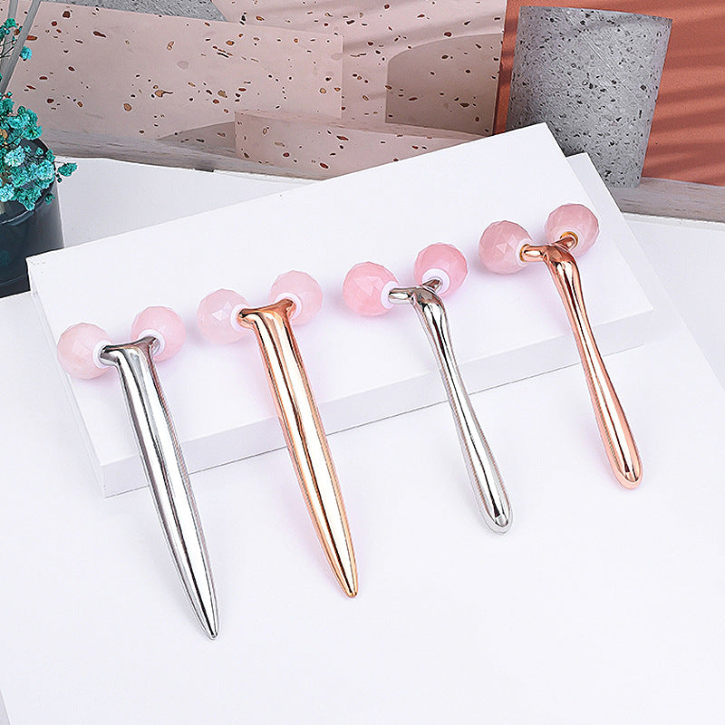 Rose Quartz Jade Roller With 3D Metal And Diamond Inlay For Massage And Beauty Care