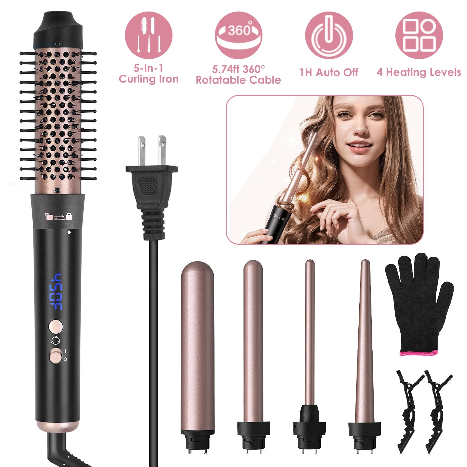 Curling Wand Hair Curling Iron Brush Anti-Tangle Hair Thermal Brush Curler