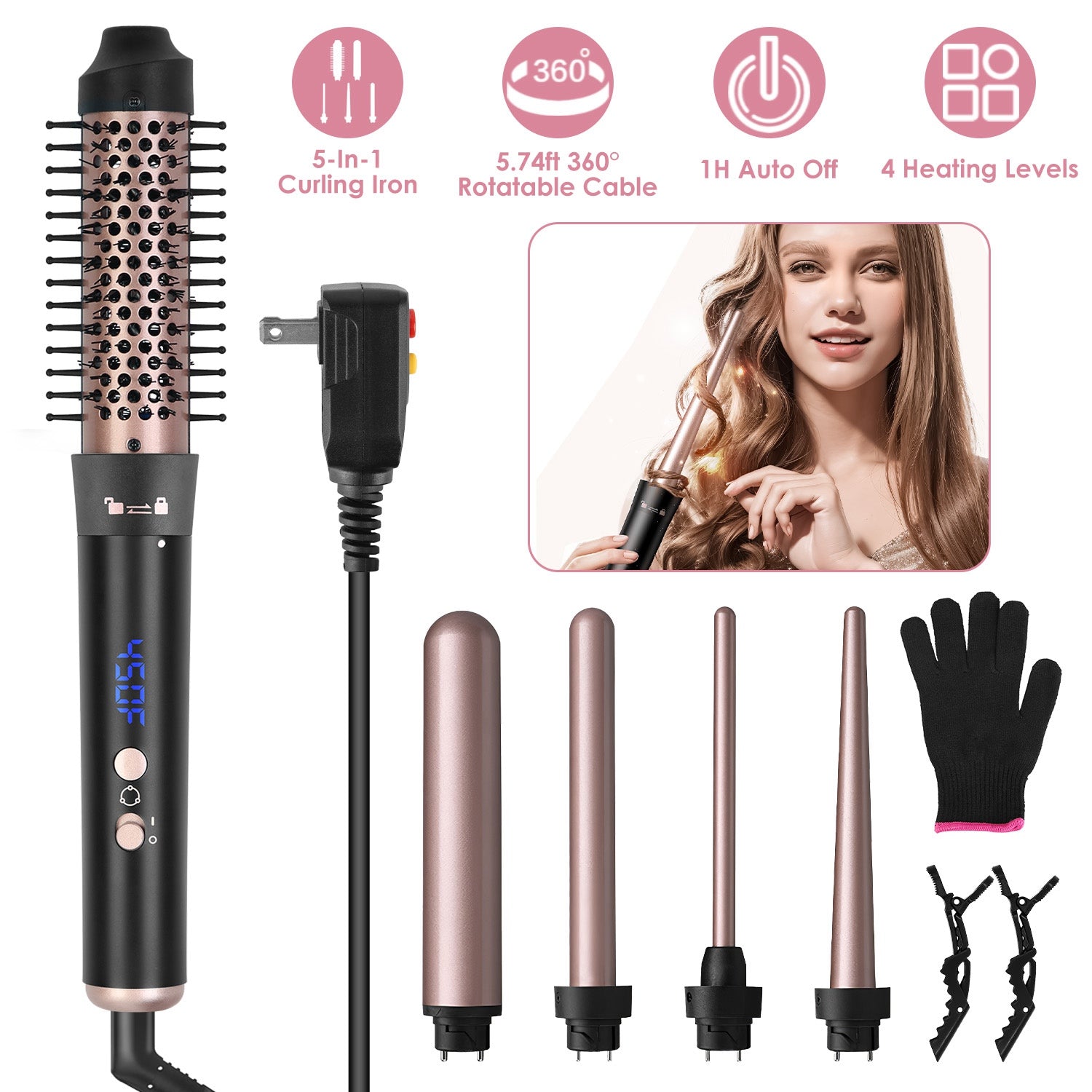 Curling Wand Hair Curling Iron Brush Anti-Tangle Hair Thermal Brush Curler