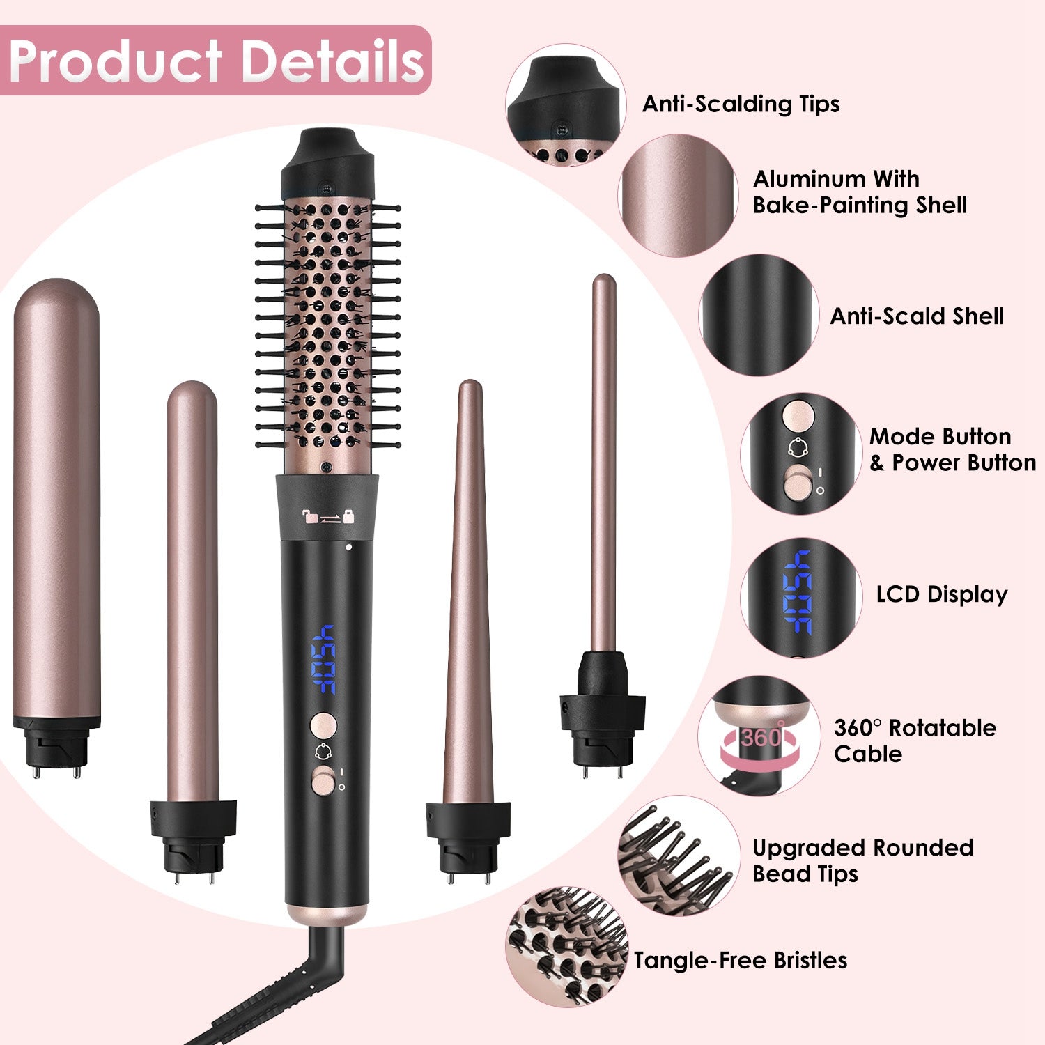 Curling Wand Hair Curling Iron Brush Anti-Tangle Hair Thermal Brush Curler